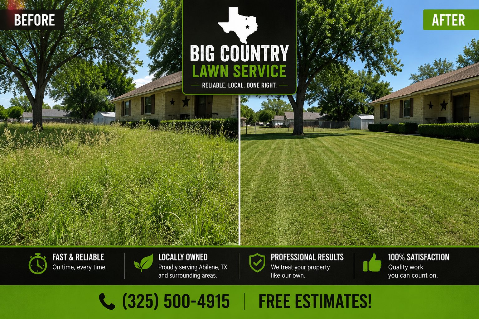 Before and after overgrown acreage mowing in Abilene TX