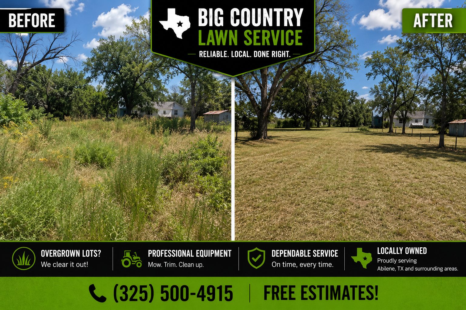Before and after overgrown backyard mowing in Abilene TX