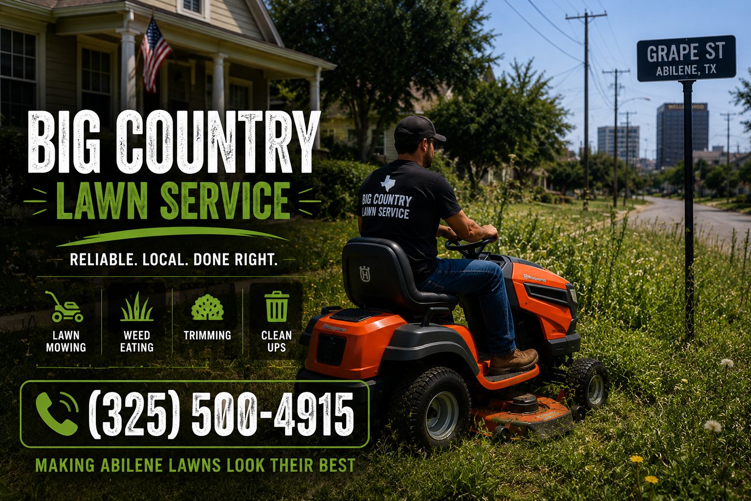 Commercial riding mower mowing open acreage in Abilene TX