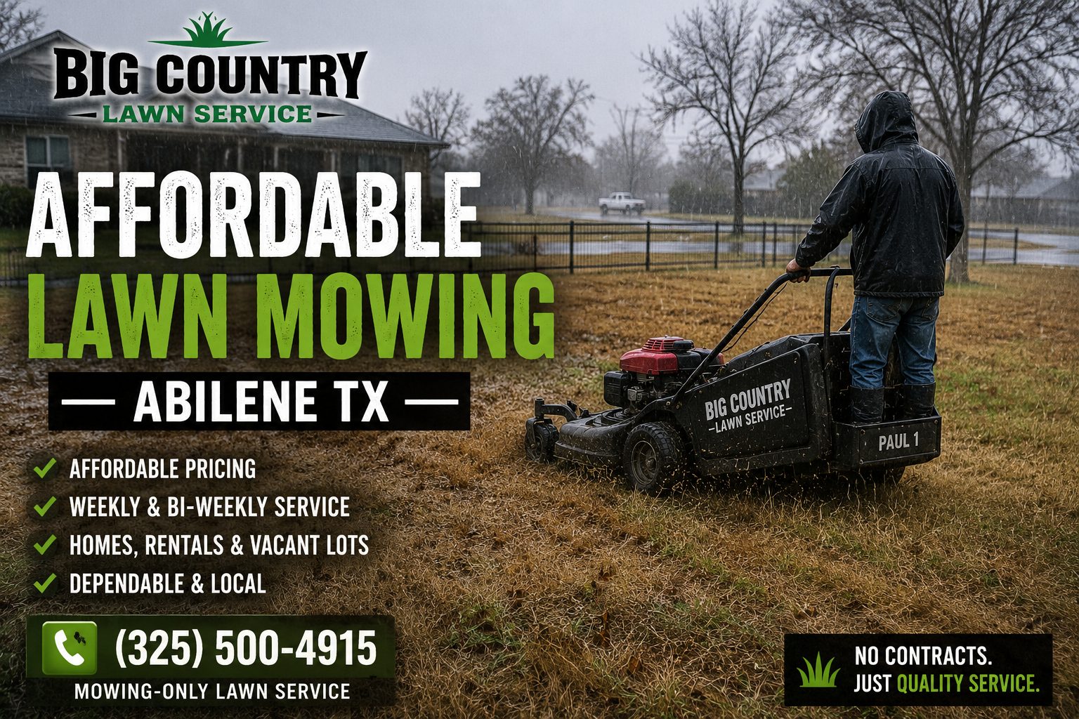 Lawn mower cutting tall weeds and dry grass at an affordable lawn mowing job in Abilene Texas.