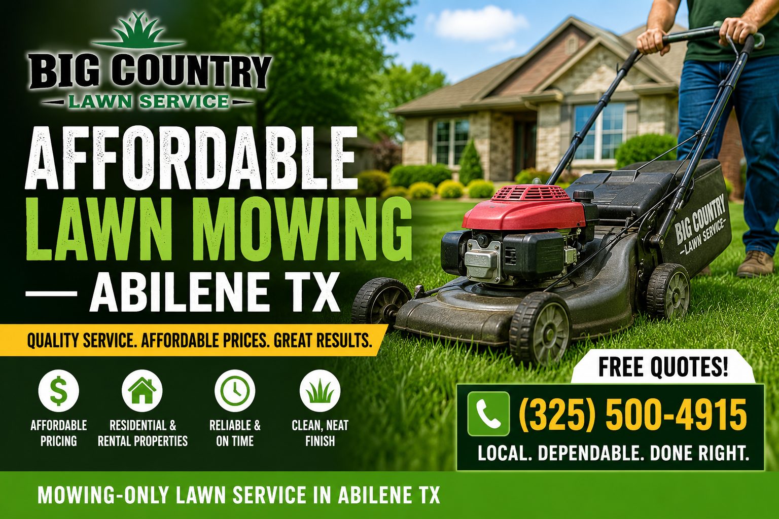 Affordable lawn mowing service cutting tall weeds and dry grass at a residential property in Abilene TX.