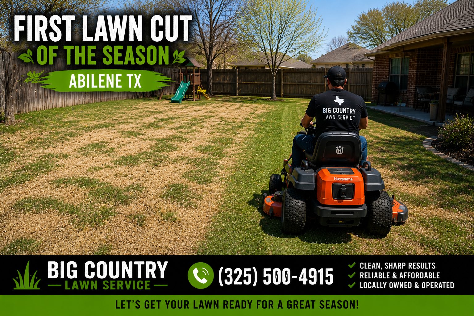 Backyard receiving first lawn mowing service of the season in Abilene TX