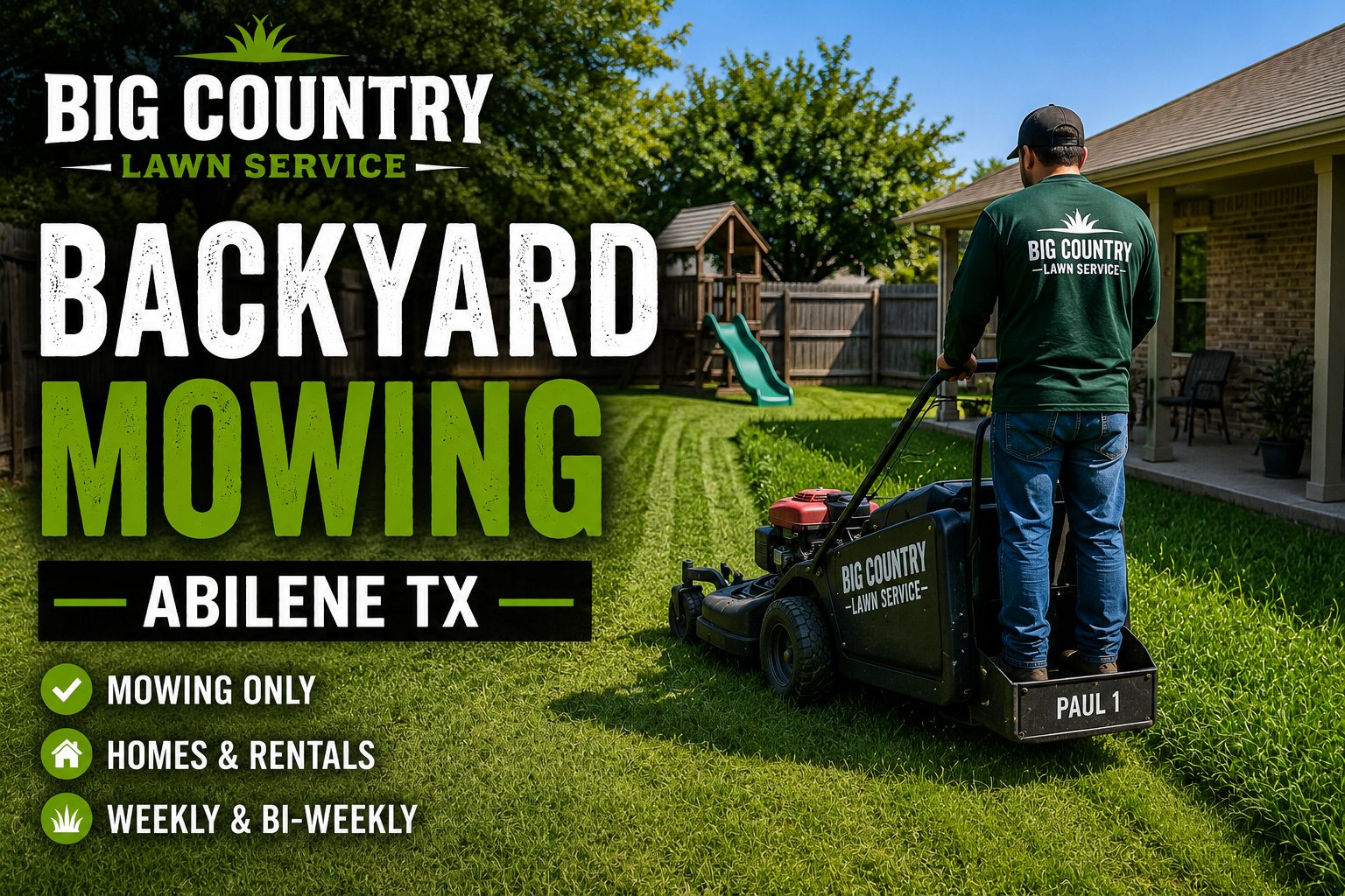 Backyard mowing service cutting grass in a fenced residential backyard in Abilene TX.