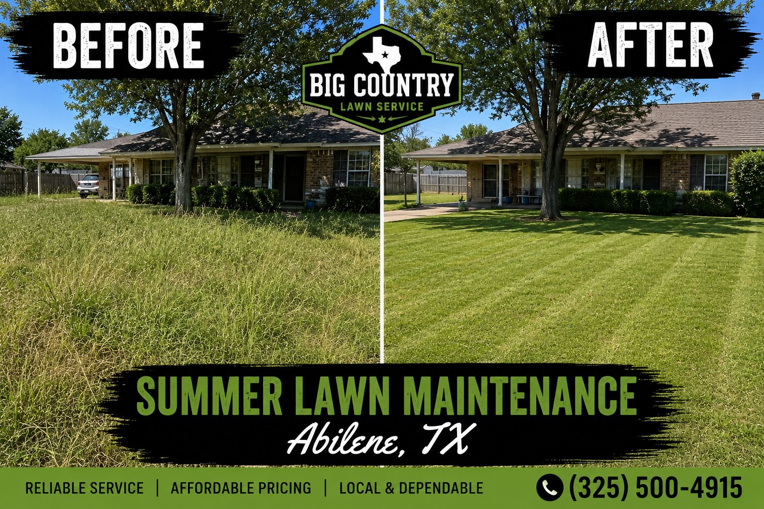 Before and after summer lawn maintenance service at a residential property in Abilene TX