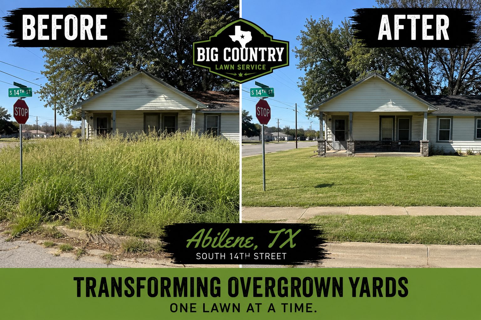 Before and after tall grass cutting service in Abilene TX