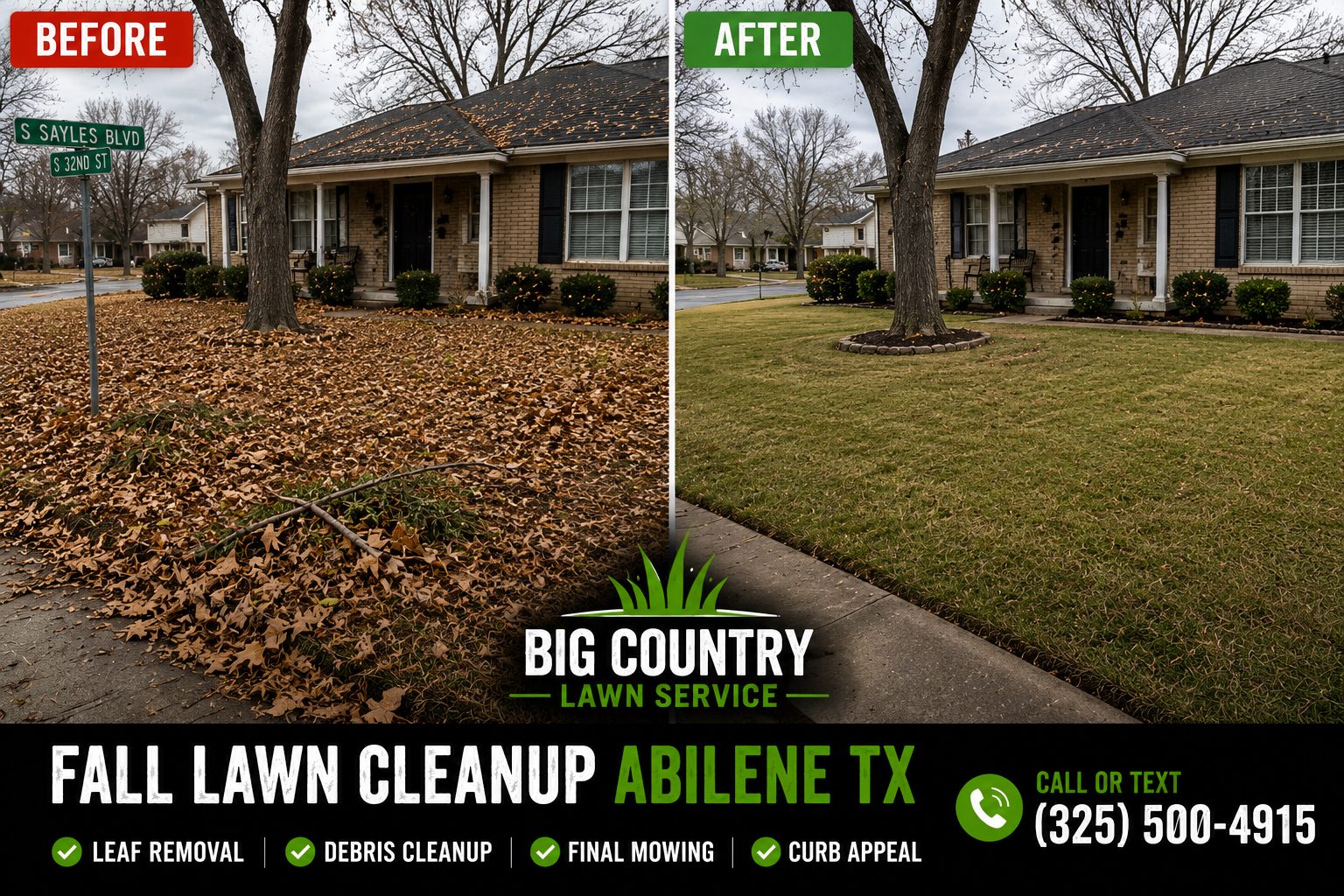 Yard covered with leaves and debris before fall lawn cleanup in Abilene TX