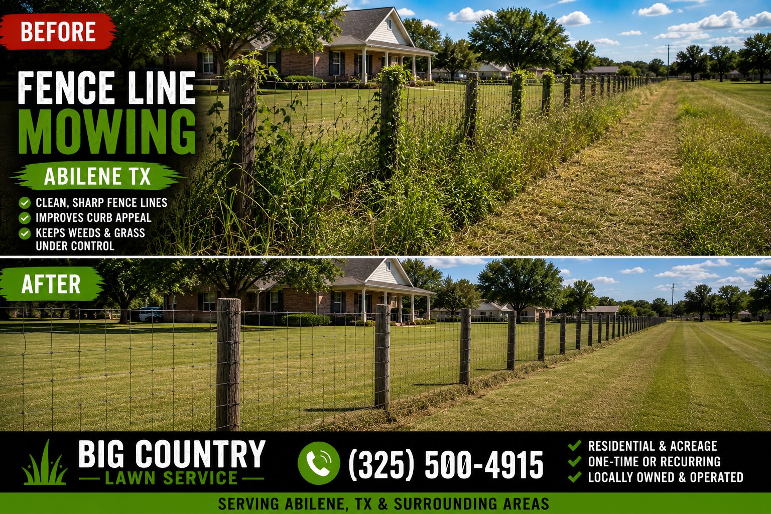 Overgrown fence line with tall grass and weeds before mowing service in Abilene TX