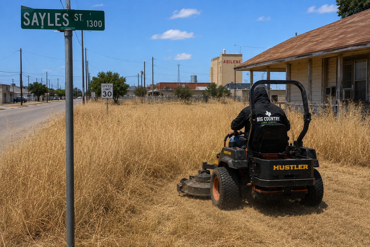 Mowing dry West Texas grass at an overgrown property in Abilene TX