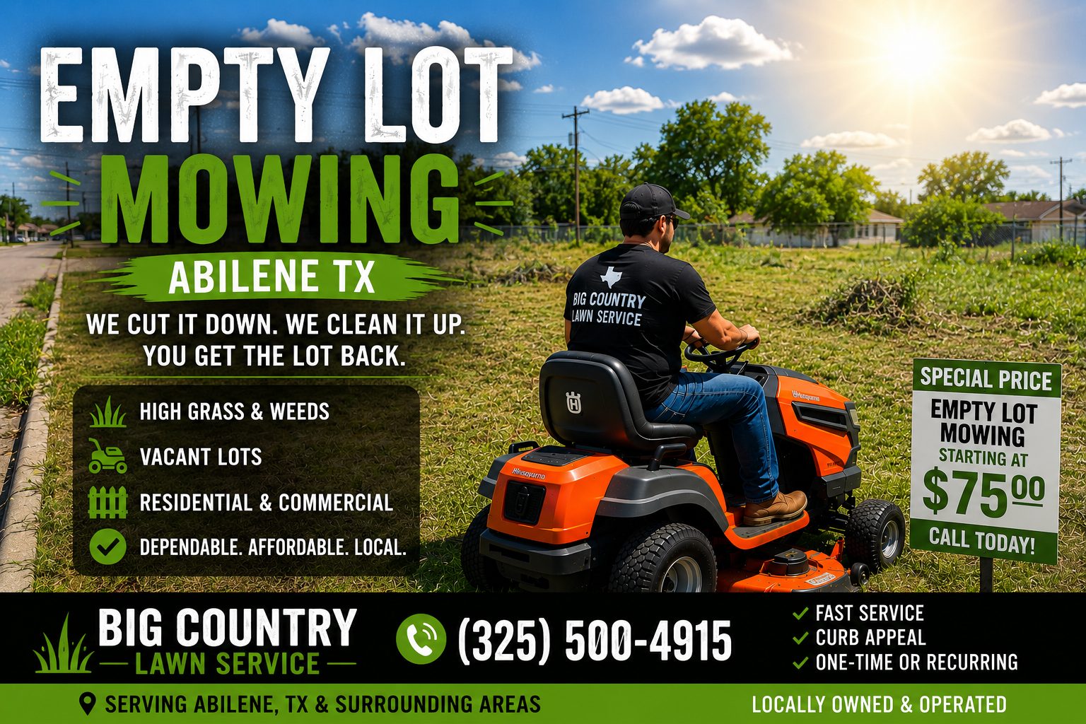 Empty lot mowing service in Abilene TX with tall grass recently cut