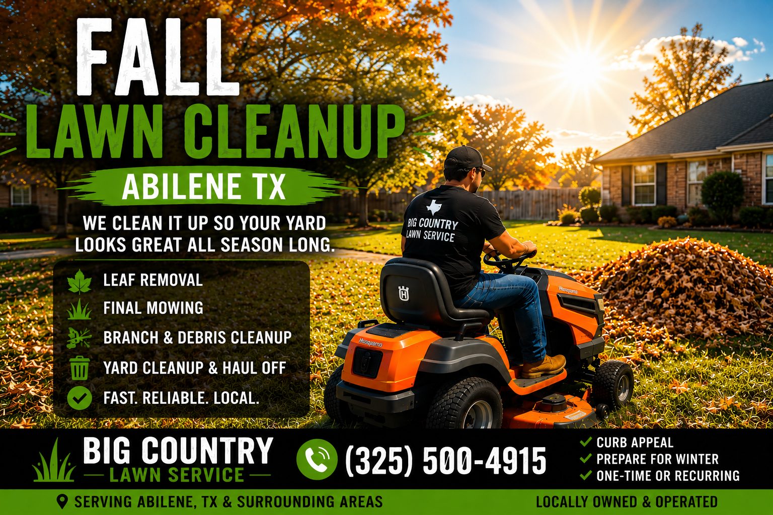 Fall lawn cleanup service on Sayles Boulevard in Abilene TX during a cool autumn day