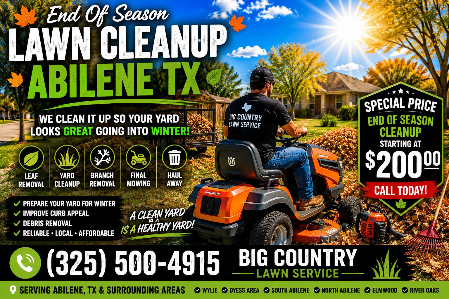 Fall yard cleanup with leaves removed from lawn in Abilene Texas