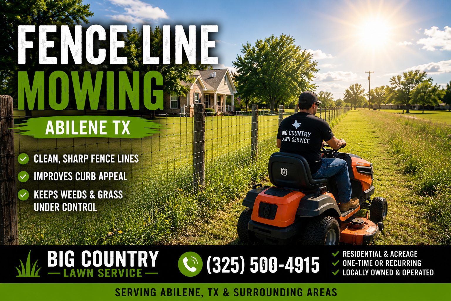Fence line mowing service at residential property in Abilene TX