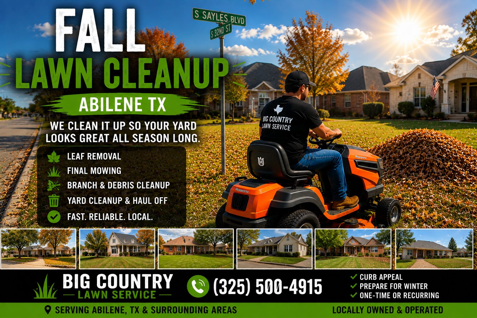 Final lawn mowing service before winter at an Abilene TX home
