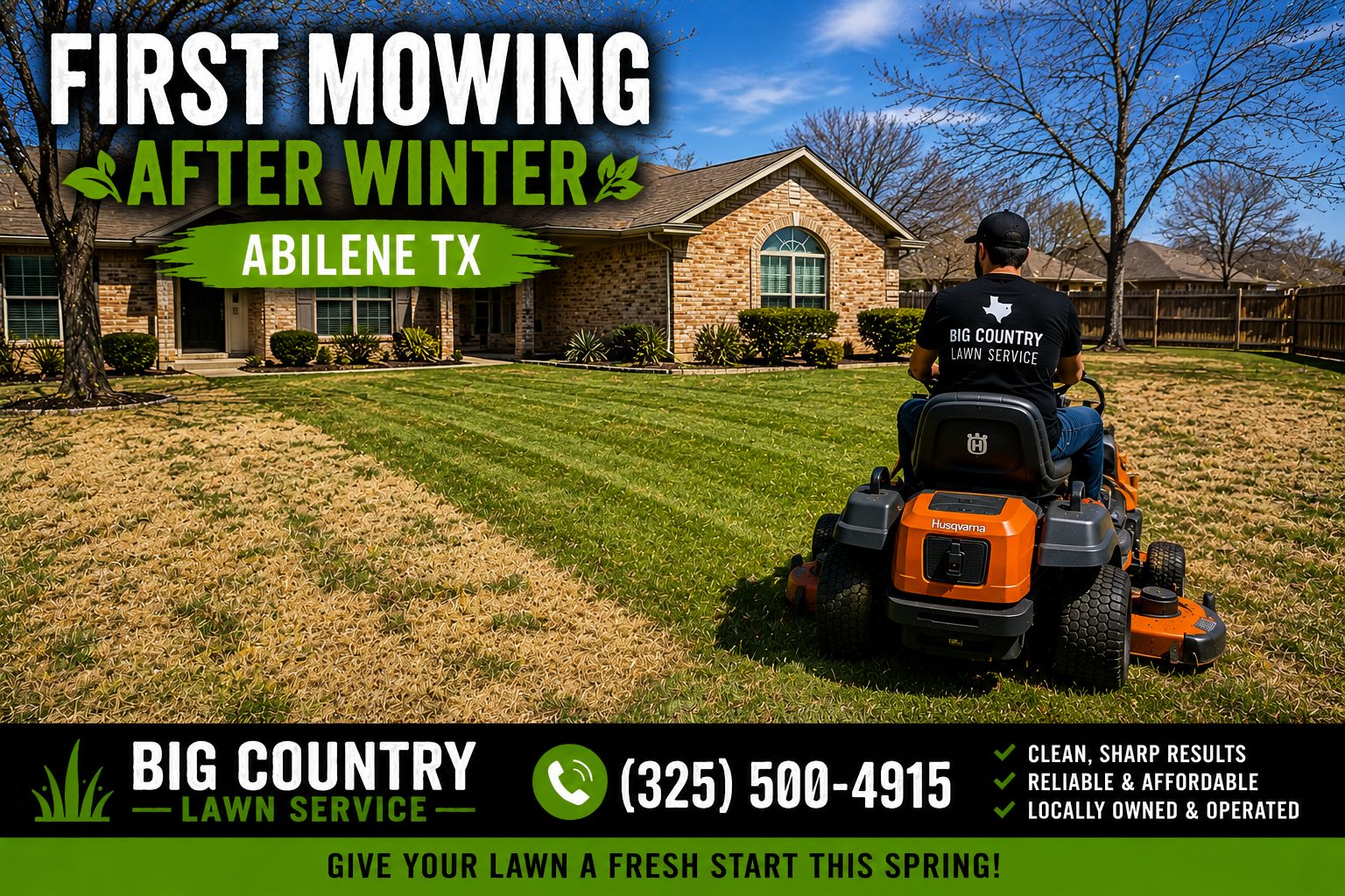 First mowing after winter at a residential property in Abilene TX with dormant grass and spring growth
