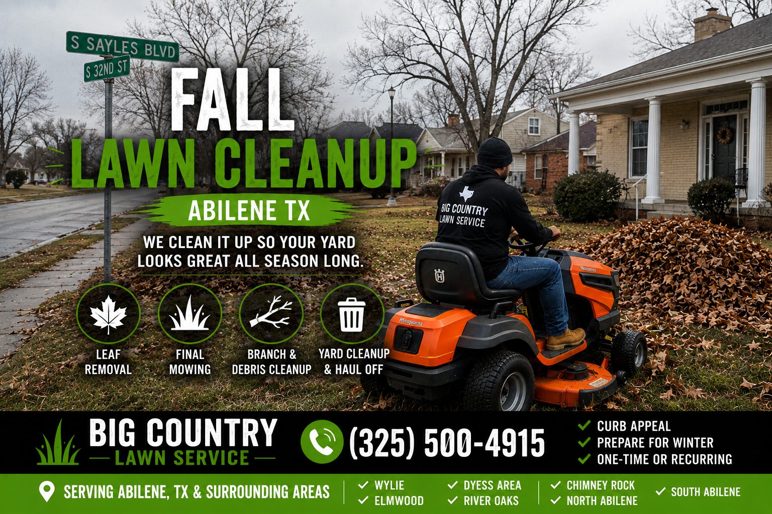 Leaf removal service at a home near Sayles Boulevard in Abilene Texas