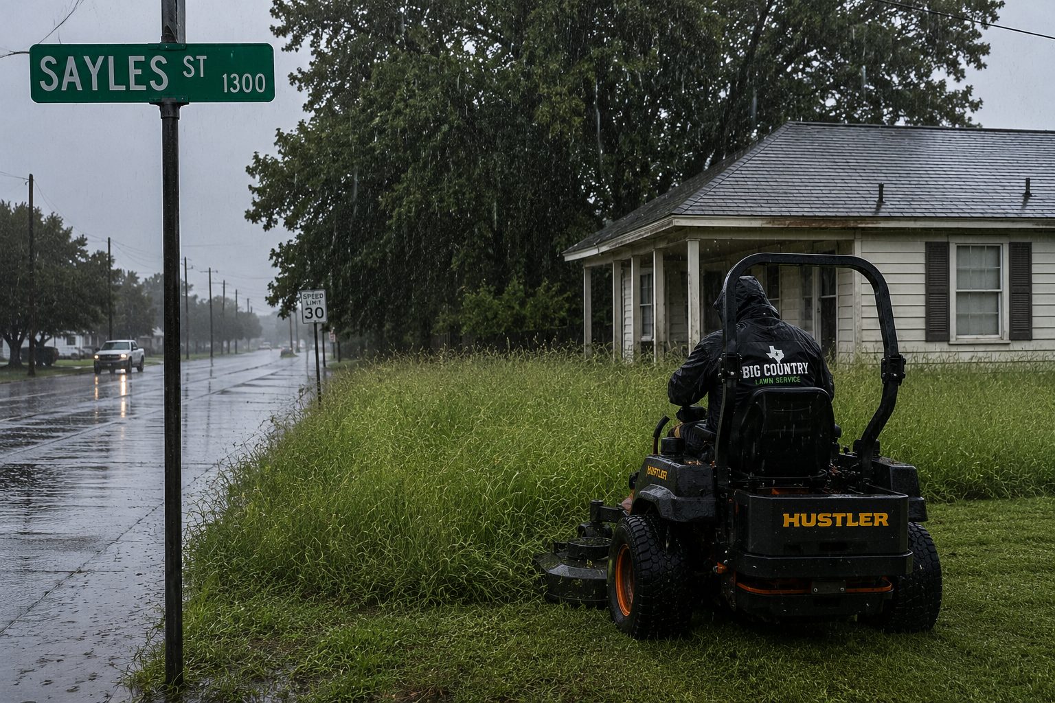 Overgrown lawn being mowed near Sayles Street in Abilene TX
