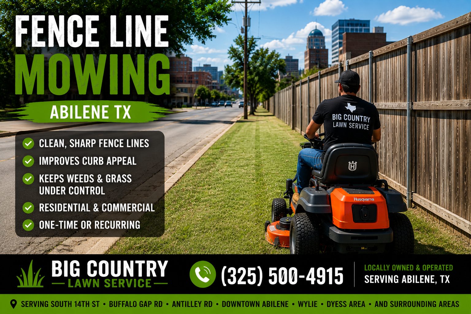 Residential fence line being mowed in Abilene Texas