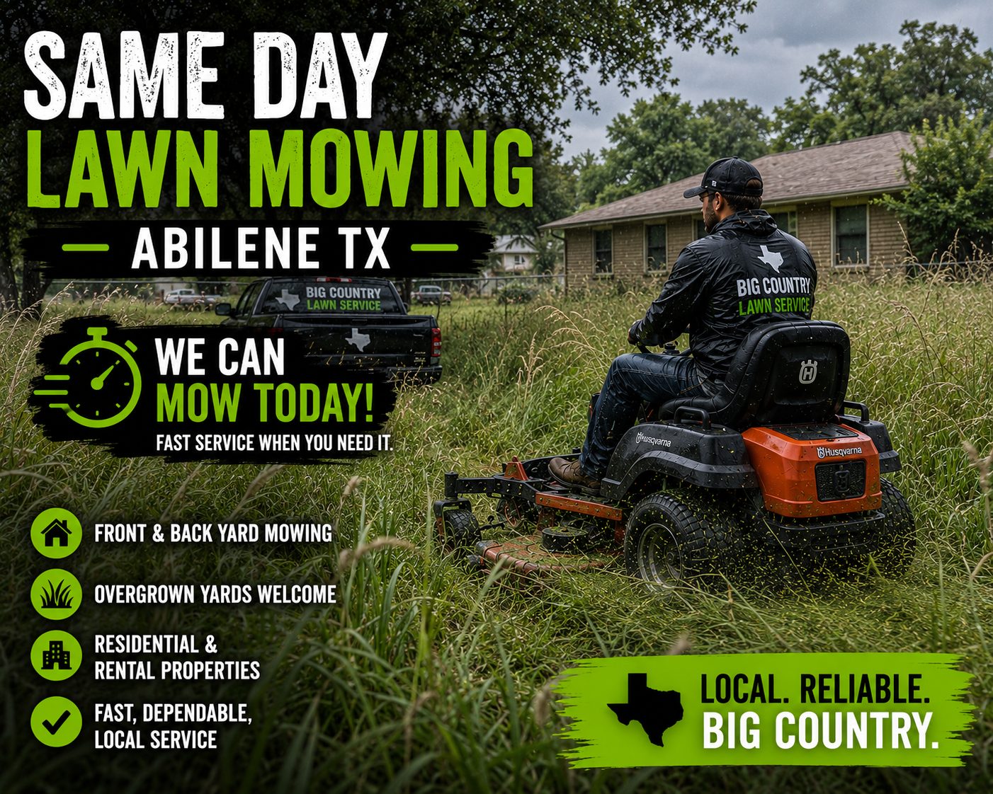 Lawn mower cutting high grass during a same day lawn service appointment in Abilene Texas.