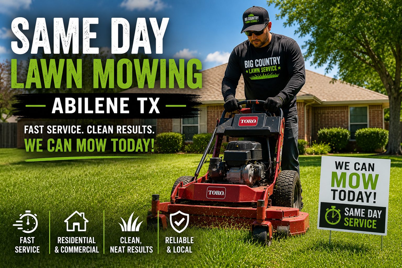 Same day lawn mowing service cutting tall overgrown grass at a residential property in Abilene TX.