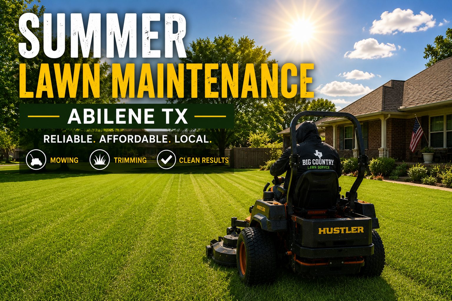 Summer lawn maintenance service mowing a residential lawn in Abilene TX