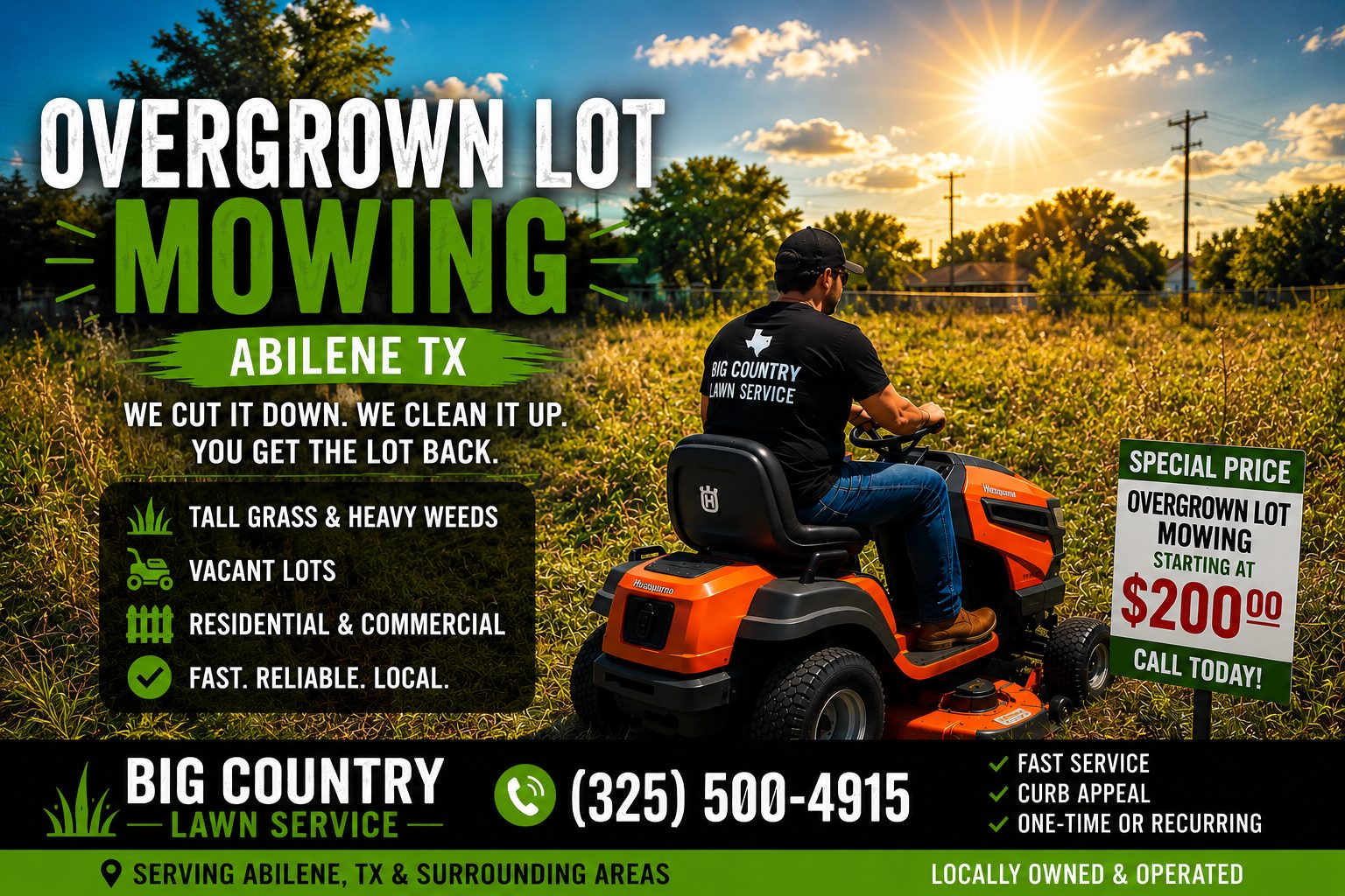 Vacant lot with grass and weeds being mowed in Abilene Texas