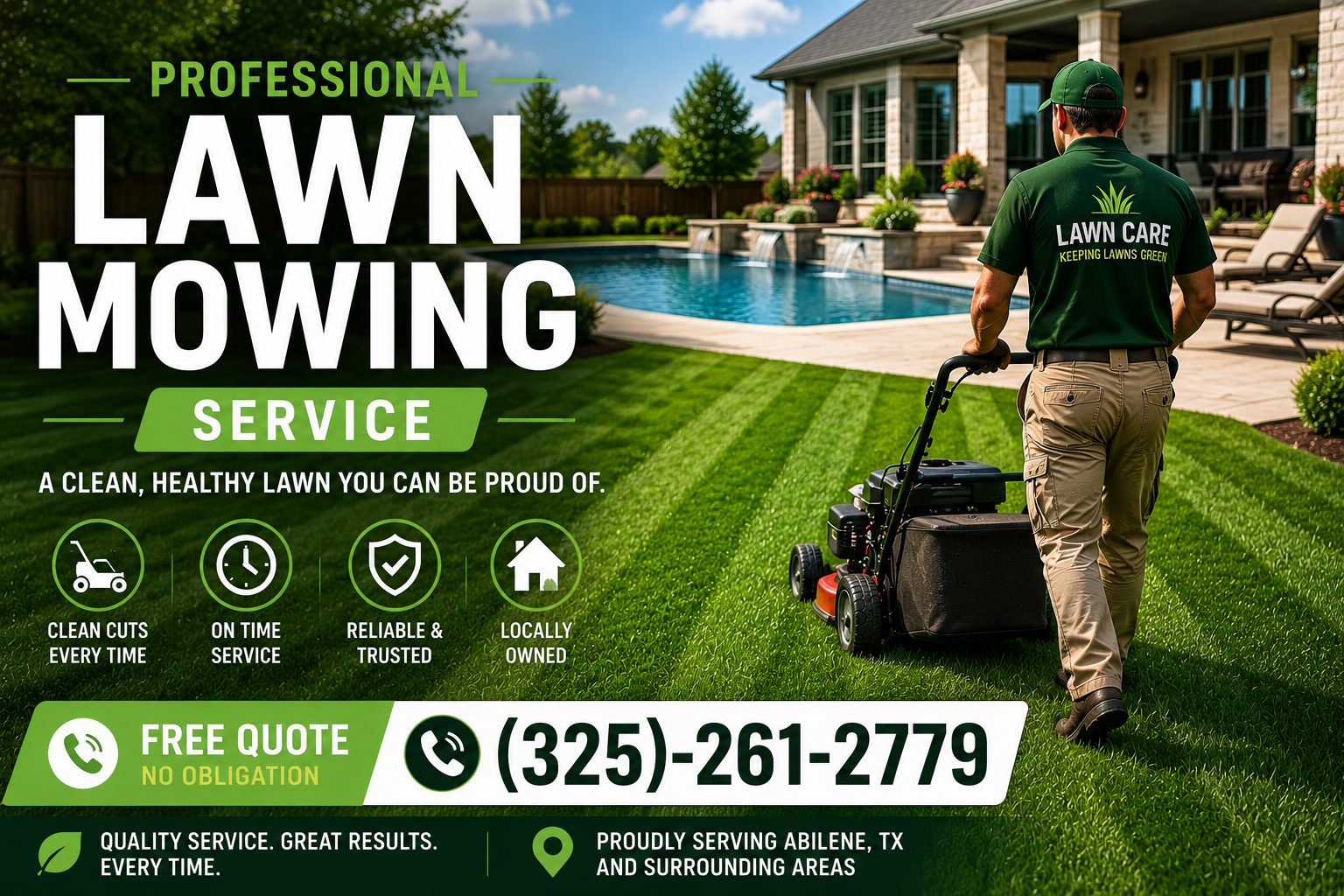Lawn care professional performing weekly grass cutting service at a home in Abilene Texas.